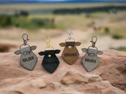 Golden Leather Cow Tag Keychain